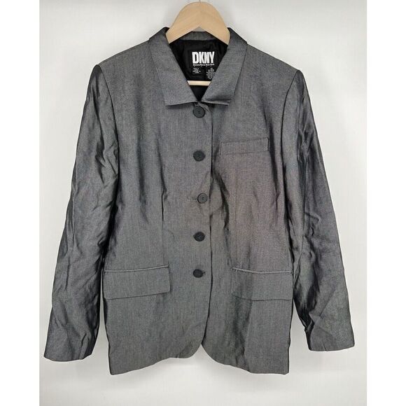 Vintage Donna Karan Blazer Jacket Black Grey Button High Collar Size 12 - Picture 1 of 5